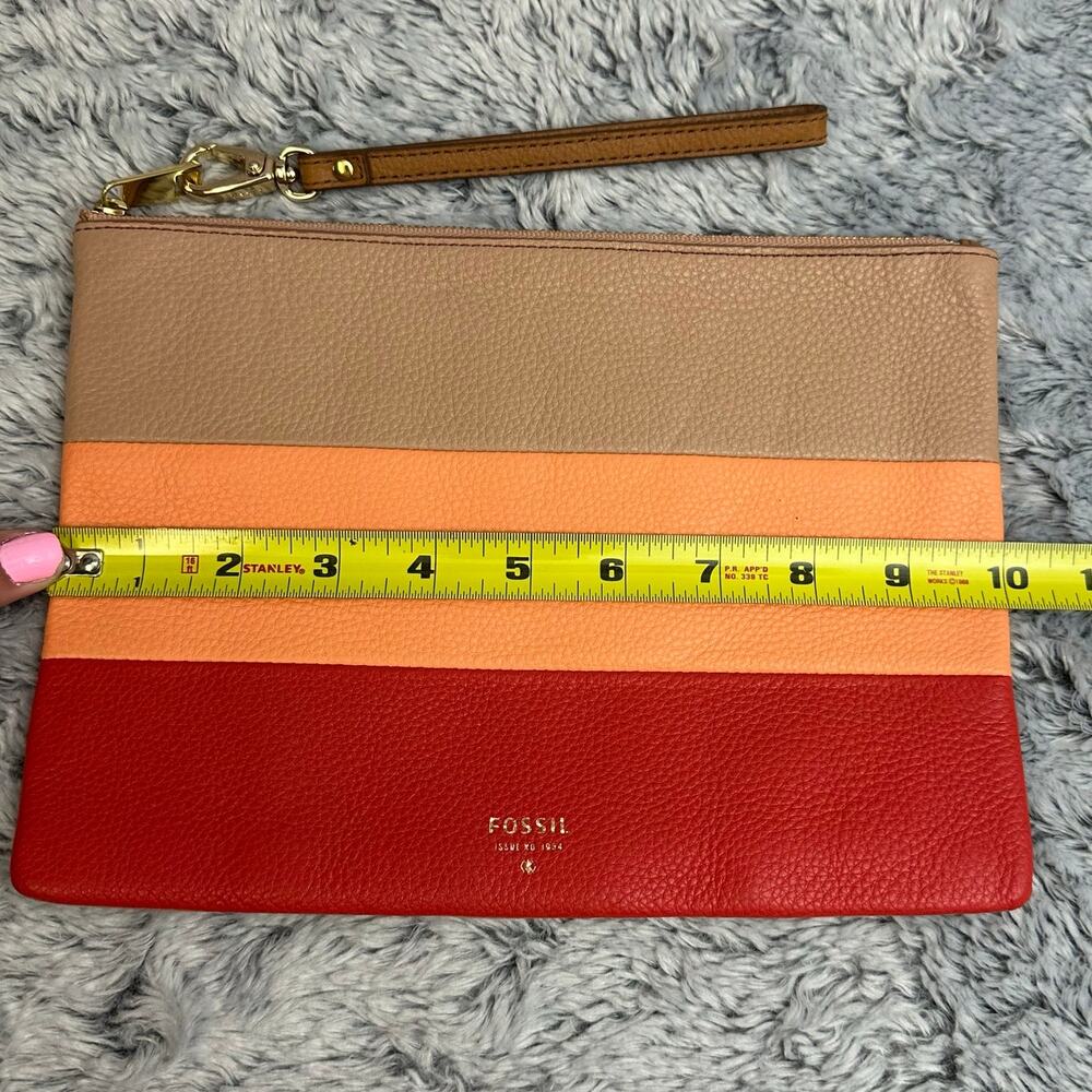 Fossil Large Multicolor Wristlet Striped Tan Orange Red Cowhide Leather 10x7 - Picture 7 of 8
